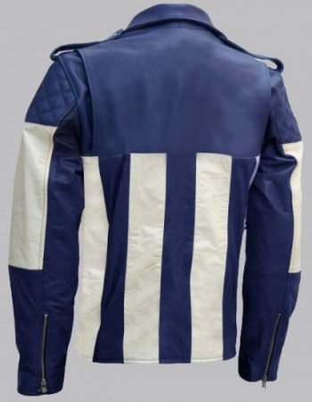 Men Blue and White Biker Leather Jacket