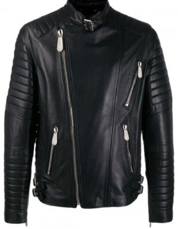 Men Padded Sleeves Black Biker Leather Jacket