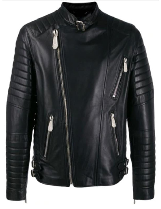 Men Padded Sleeves Black Biker Leather Jacket