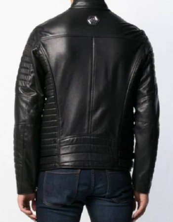 Men Padded Sleeves Black Biker Leather Jacket