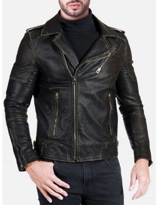 Men Real Leather Black Vintage Biker Jacket