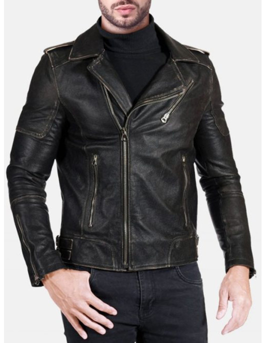 Men Real Leather Black Vintage Biker Jacket