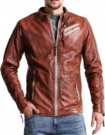 Men Vintage Style Biker Distressed Brown Jacket