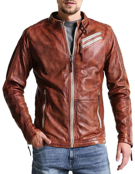 Men Vintage Style Biker Distressed Brown Jacket