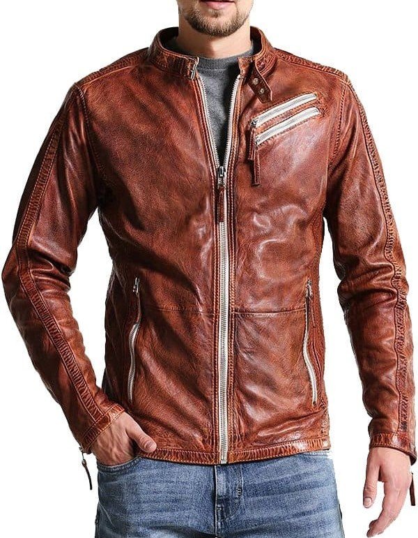 Men Vintage Style Biker Distressed Brown Jacket Men Vintage Style Biker Distressed Brown Jacket