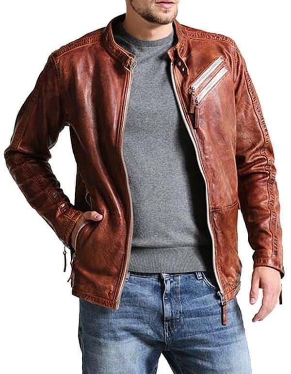 Men Vintage Style Biker Distressed Brown Jacket Men Vintage Style Biker Distressed Brown Jacket