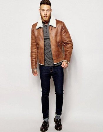 Men's Aviator Brown Leather Faux Shearling Jacket