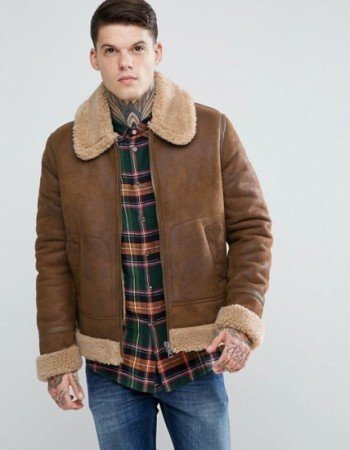 Men's Aviator Brown Leather Jacket With Faux Shearling