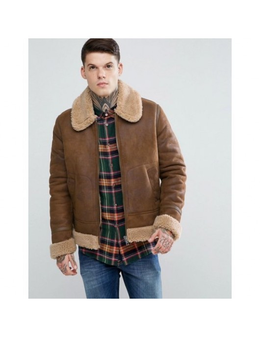 Men's Aviator Brown Leather Jacket With Faux Shearling