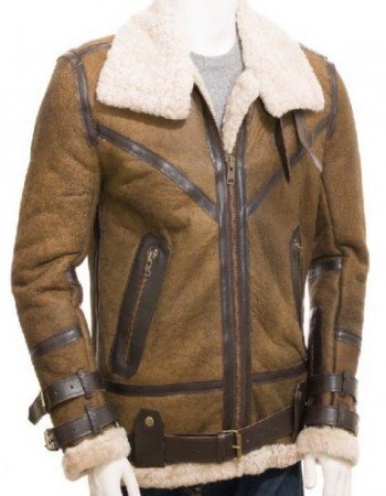 Men's Aviator Sheepskin Leather Faux Shearling Brown Jacket
