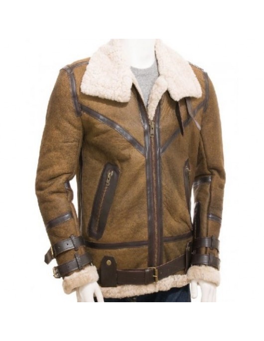 Men's Aviator Sheepskin Leather Faux Shearling Brown Jacket
