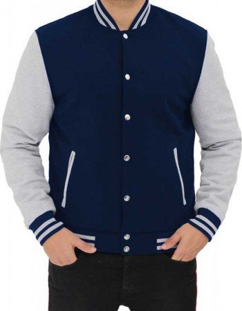 Men's Baseball Style Grey and Blue Varsity Jacket