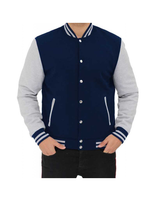 Men's Baseball Style Grey and Blue Varsity Jacket