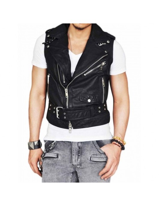 Men's Belted Asymmetrical Zipper Leather Vest