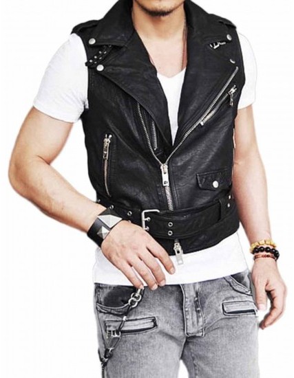 Men's Belted Asymmetrical Zipper Leather Vest Men's Belted Asymmetrical Zipper Leather Vest