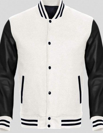 Men's Black Leather and White Wool Varsity Jacket