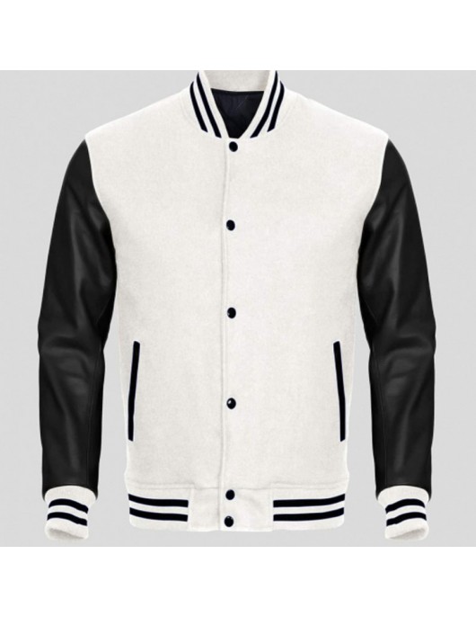Men's Black Leather and White Wool Varsity Jacket