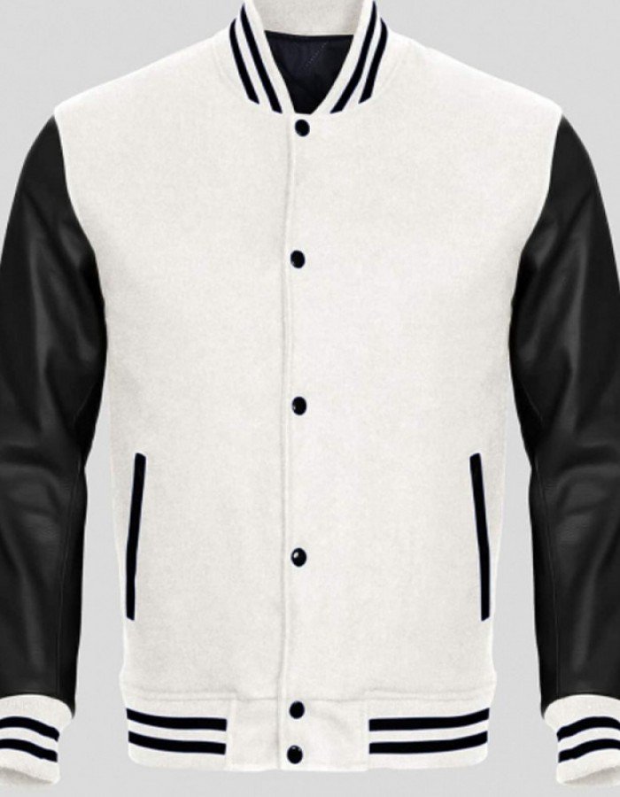 Men's Black Leather and White Wool Varsity Jacket Men's Black Leather and White Wool Varsity Jacket