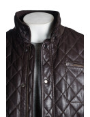 Men's Brown Quilted Leather Coat with Diamond Stitch