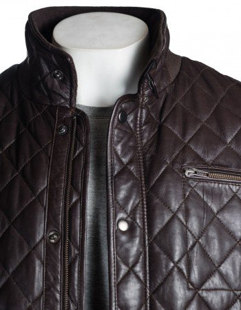 Men's Brown Quilted Leather Coat with Diamond Stitch Men's Brown Quilted Leather Coat with Diamond Stitch