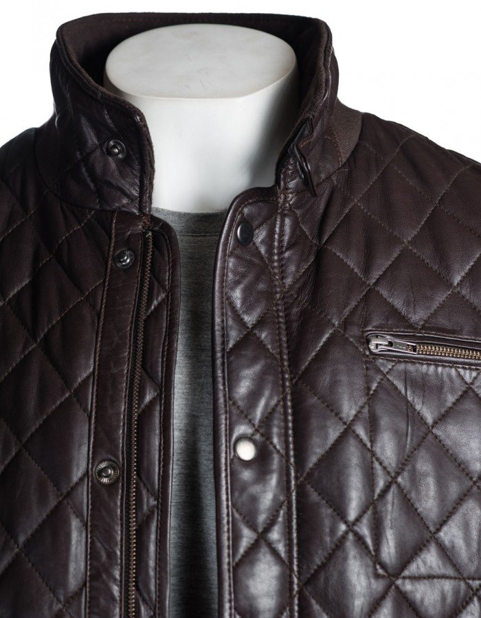 Men's Brown Quilted Leather Coat with Diamond Stitch