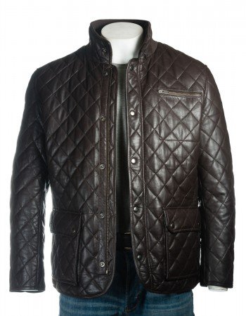 Men's Brown Quilted Leather Coat with Diamond Stitch