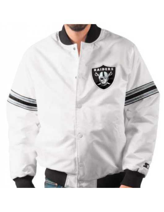 Men's Raiders White Satin Varsity Bomber Jacket