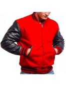 Men's Varsity Bomber Red Wool and Leather Jacket