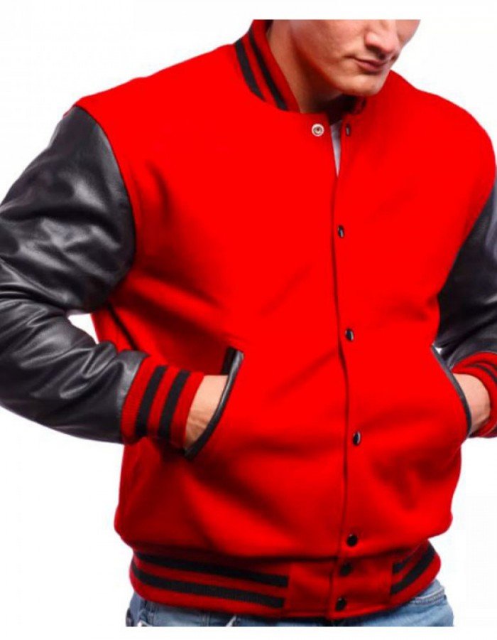 Men's Varsity Bomber Red Wool and Leather Jacket