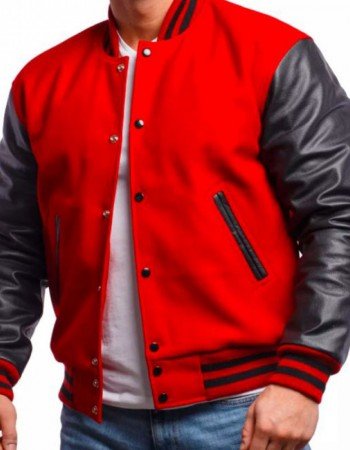 Men's Varsity Bomber Red Wool and Leather Jacket