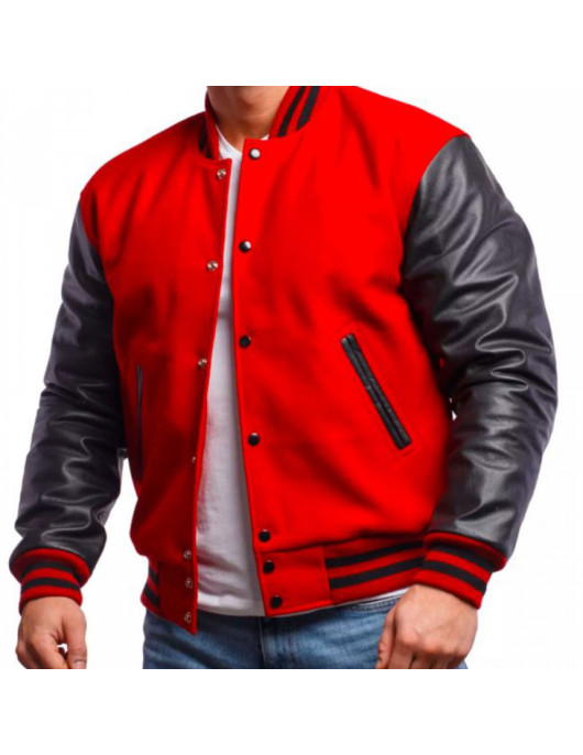 Men's Varsity Bomber Red Wool and Leather Jacket