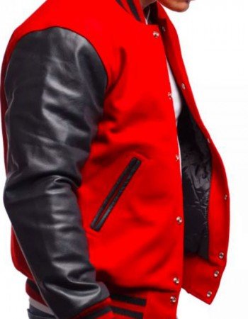 Men's Varsity Bomber Red Wool and Leather Jacket Men's Varsity Bomber Red Wool and Leather Jacket