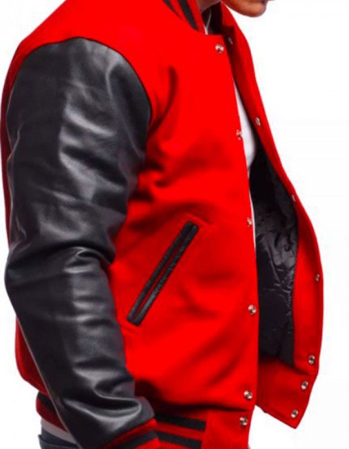 Men's Varsity Bomber Red Wool and Leather Jacket