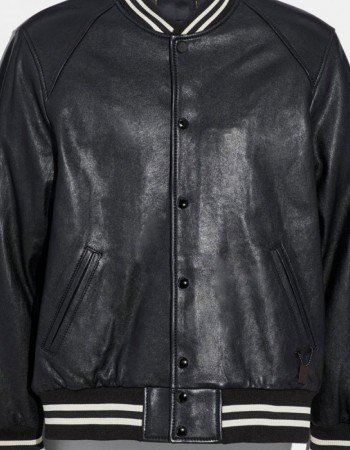 Men's Varsity Bomber Snap Tab Closure Black Leather Jacket Men's Varsity Bomber Snap Tab Closure Black Leather Jacket
