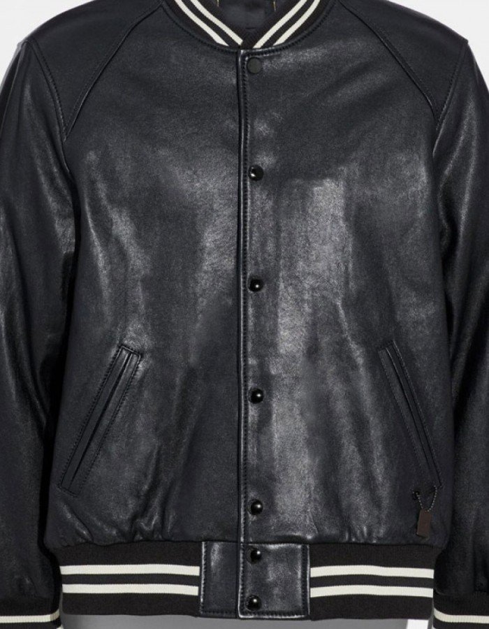 Men's Varsity Bomber Snap Tab Closure Black Leather Jacket Men's Varsity Bomber Snap Tab Closure Black Leather Jacket