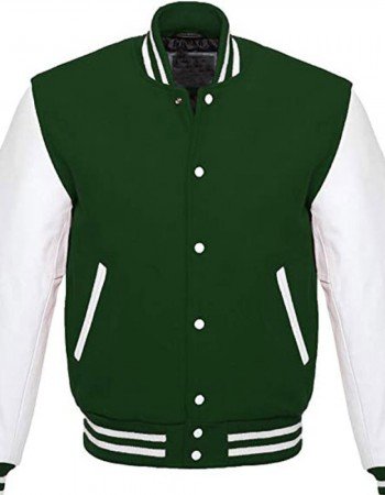 Men's White and Green Leather Bomber Varsity Jacket