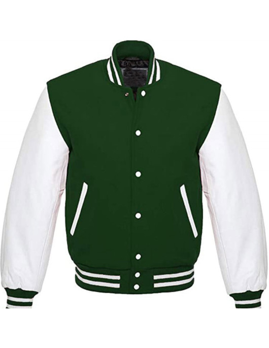 Men's White and Green Leather Bomber Varsity Jacket