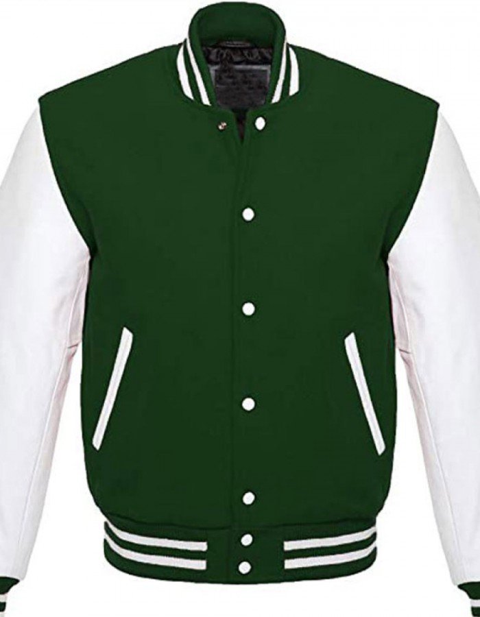 Men's White and Green Leather Bomber Varsity Jacket Men's White and Green Leather Bomber Varsity Jacket