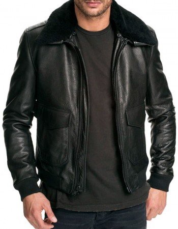 Mens Air Force Leather Bomber Jacket Fur Collar Black