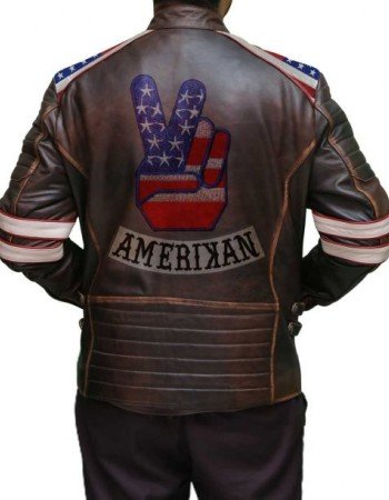 Mens American Flag Brown Leather Jacket