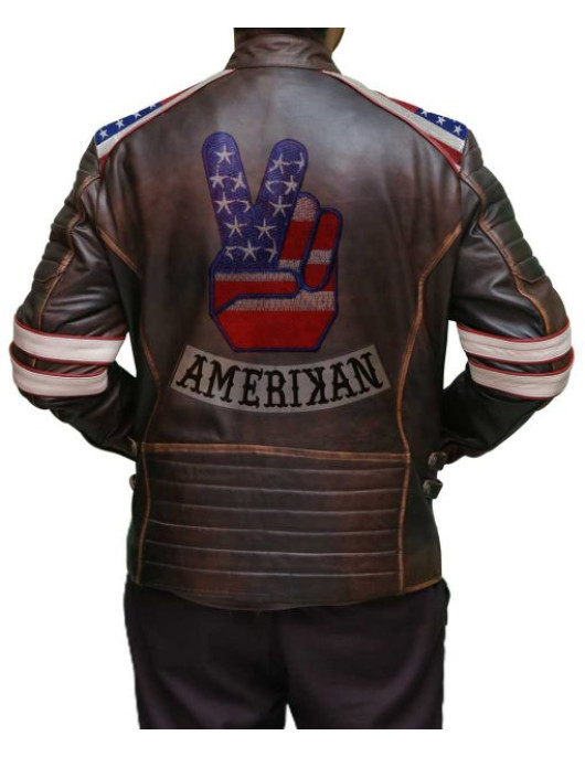 Mens American Flag Brown Leather Jacket