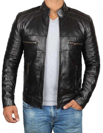 Mens Black Cafe Racer Biker Leather Jacket
