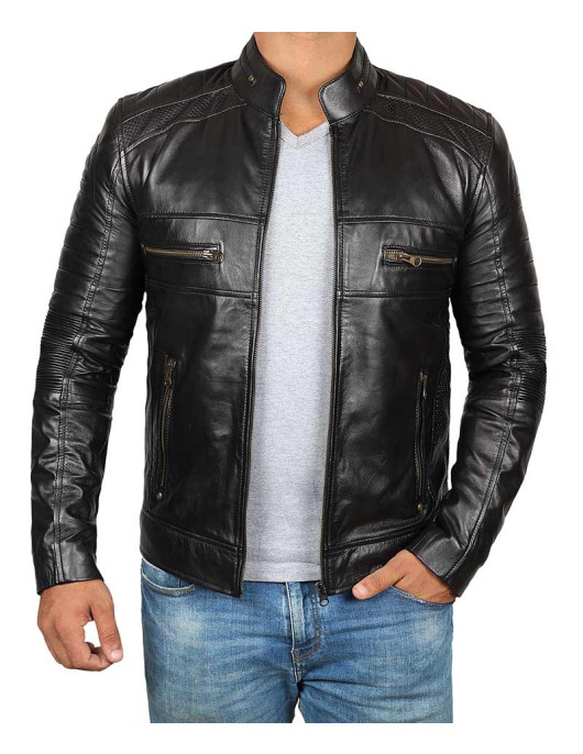 Mens Black Cafe Racer Biker Leather Jacket