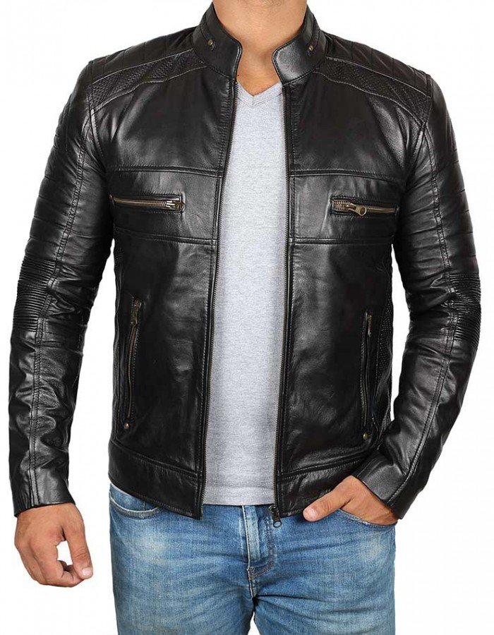 Mens Black Cafe Racer Biker Leather Jacket Mens Black Cafe Racer Biker Leather Jacket