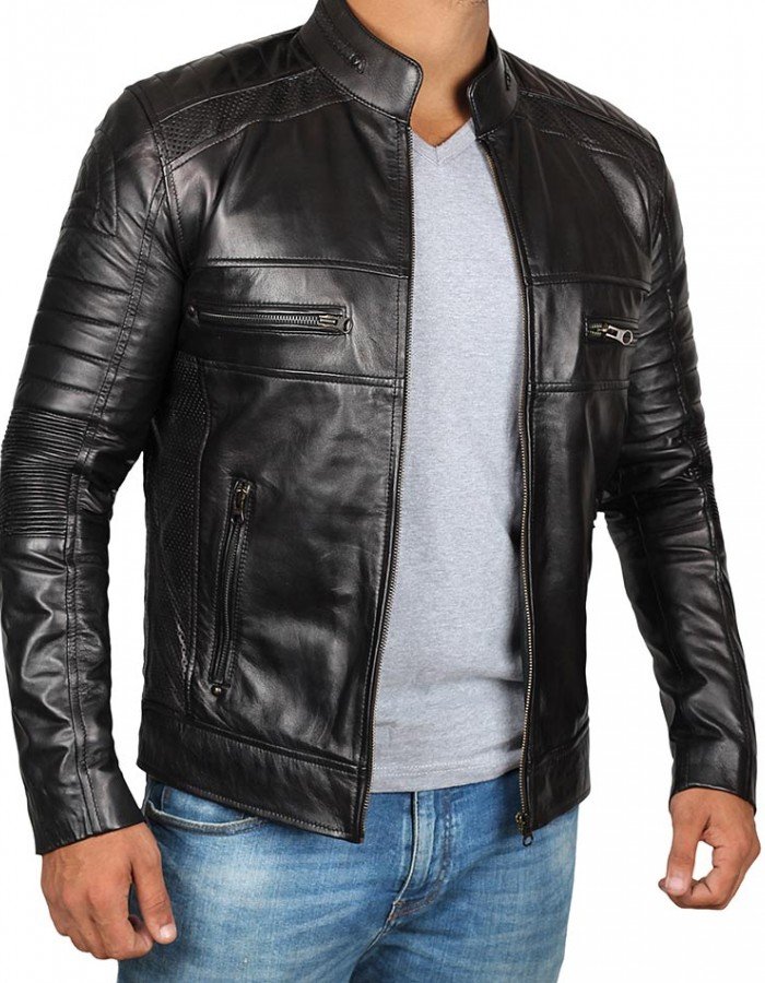 Mens Black Cafe Racer Biker Leather Jacket Mens Black Cafe Racer Biker Leather Jacket