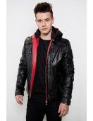 Mens Black Red Hood Black Leather Jacket