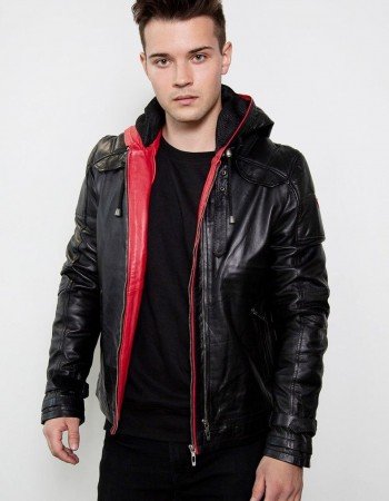 Mens Black Red Hood Black Leather Jacket Mens Black Red Hood Black Leather Jacket