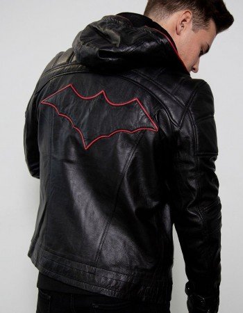 Mens Black Red Hood Black Leather Jacket