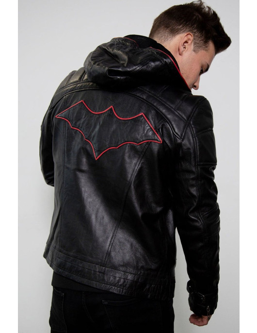 Mens Black Red Hood Black Leather Jacket