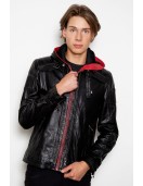 Mens Black Red Hood Black Leather Jacket